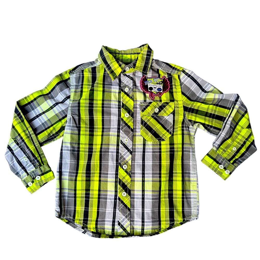 Faded Glory Boy’s Rock Out Hot Lime/ Black Plaid Shirt Size Small